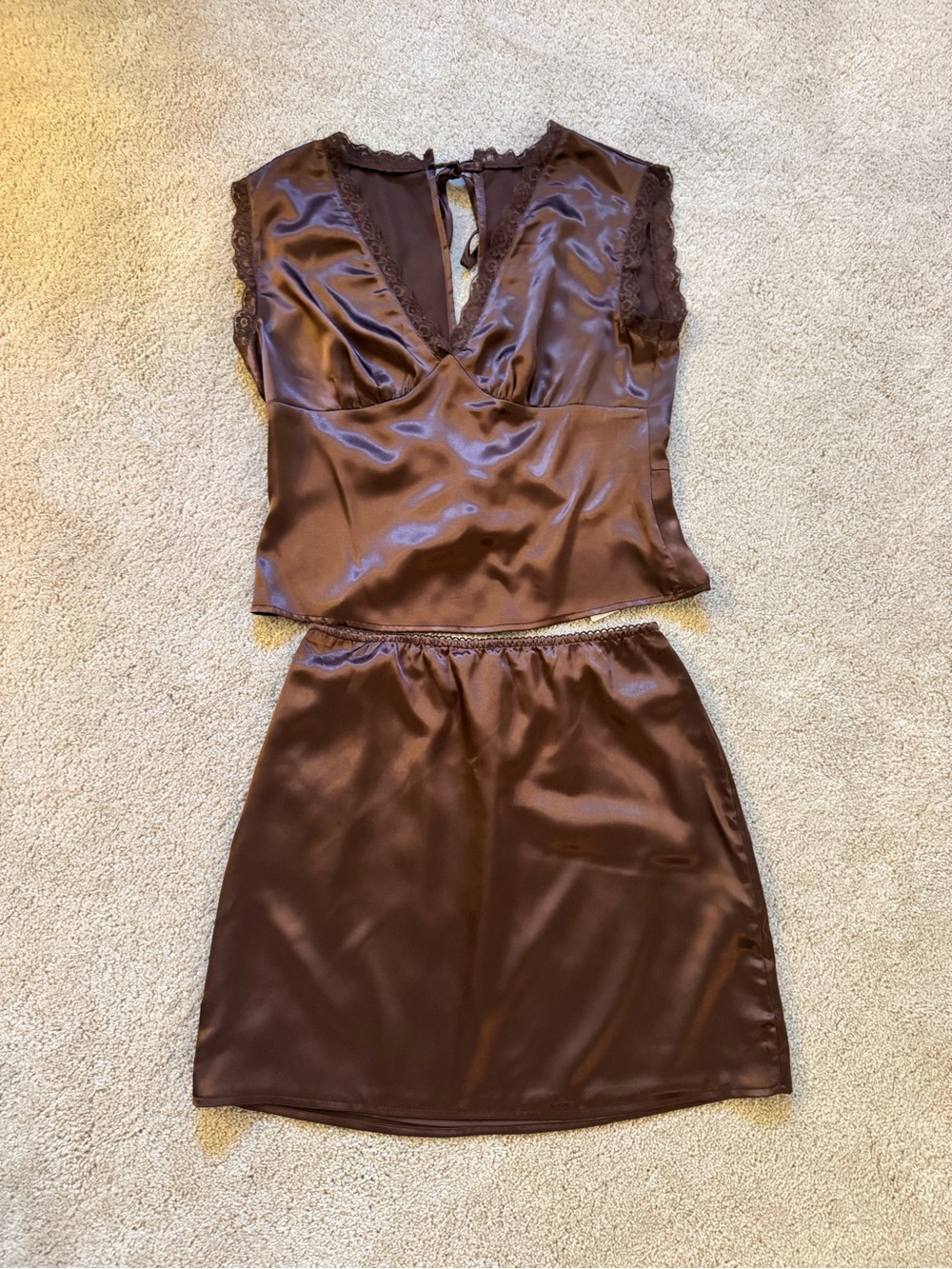 Commense Brown Satin Two-Piece Skirt Set